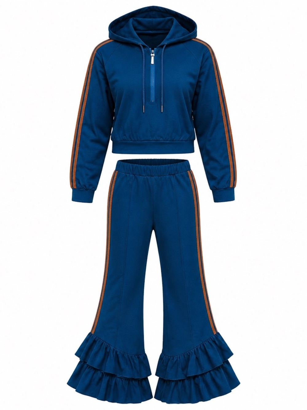 Women’s Tracksuit Set Blue Hooded Top with Ruffle Flare Pants Size M